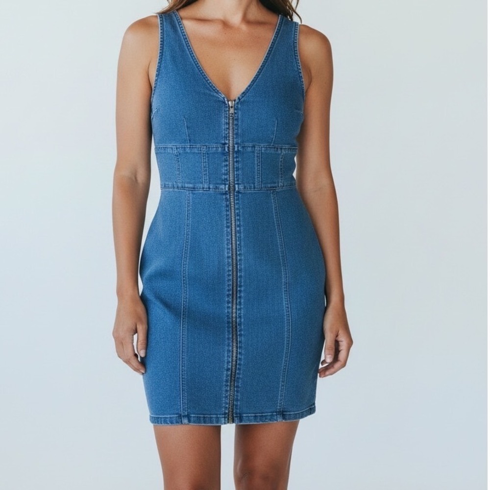 NWT 7th & Hudson Denim Bodycon Sleeveless Zipper Mini Dress Medium